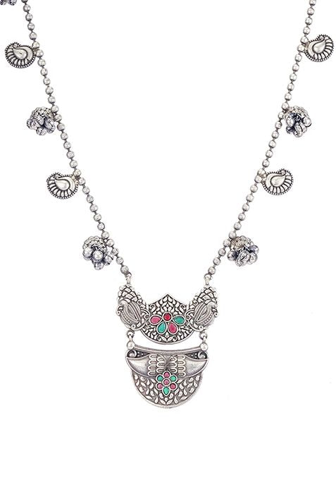 Silver Finish Stone Embellished Brass Necklace