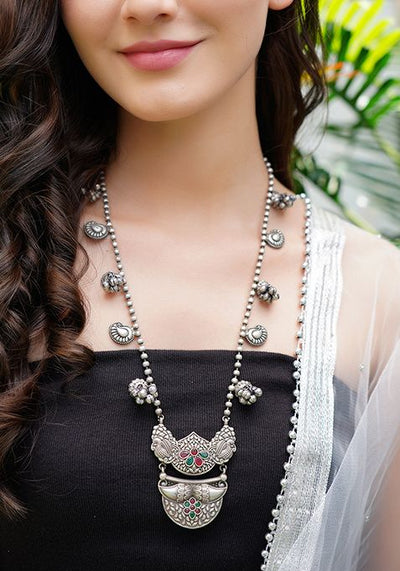 Silver Finish Stone Embellished Brass Necklace