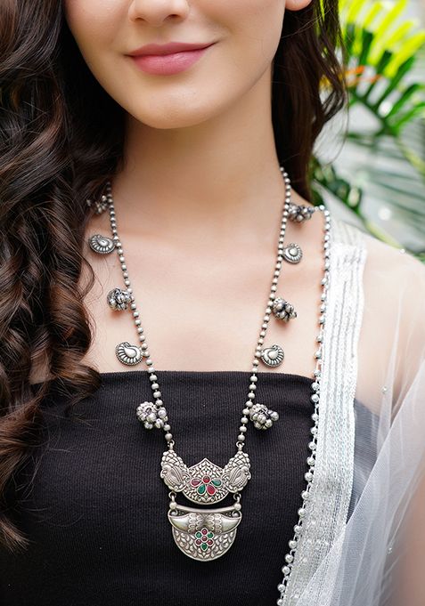 Silver Finish Stone Embellished Brass Necklace