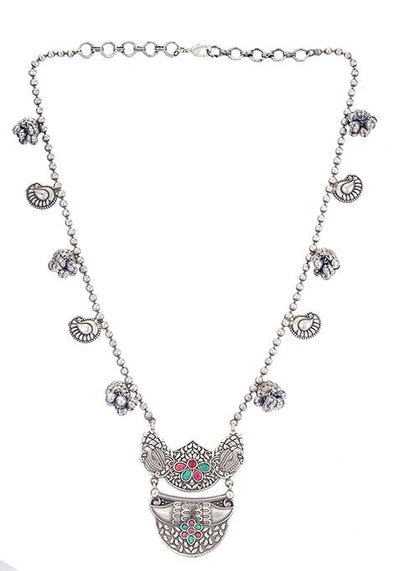 Silver Finish Stone Embellished Brass Necklace