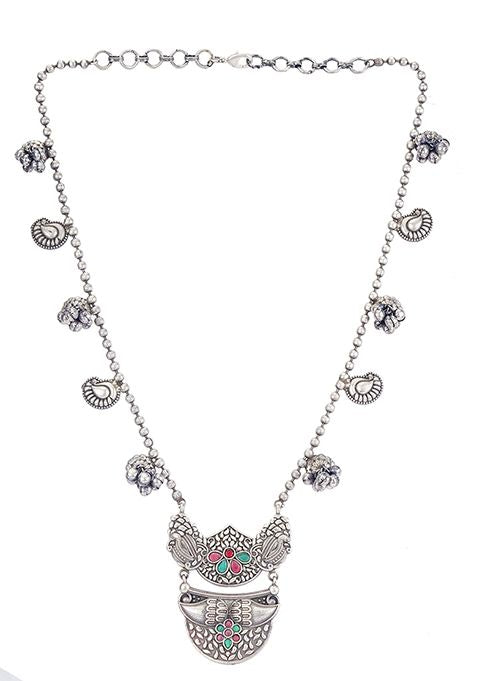 Silver Finish Stone Embellished Brass Necklace