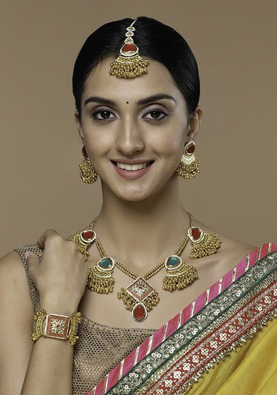 Gold Finish Red And Green Stone Pearl Necklace