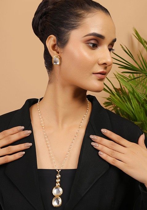 White Gold Tone Kundan Pendant Necklace