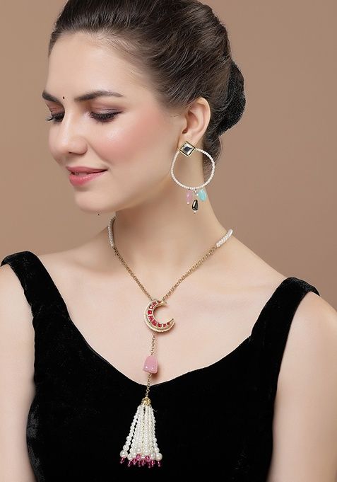 Red And Pink Gold Plated Pearl Natural Stone Haar Necklaces