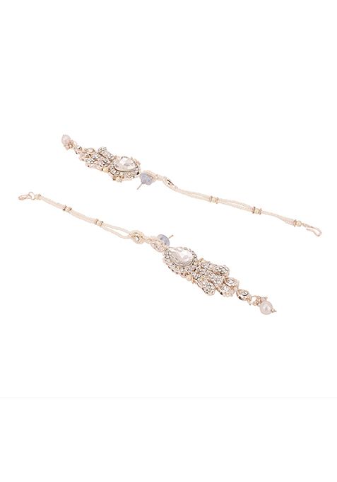 White Gold Plated Artificial Stone And Bead Necklace Set With Maang Tikka