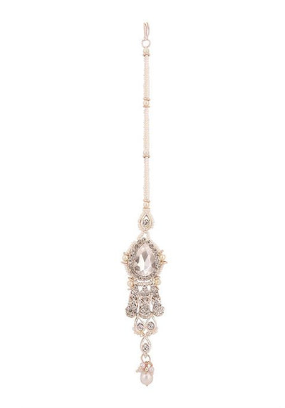 White Gold Plated Artificial Stone And Bead Necklace Set With Maang Tikka