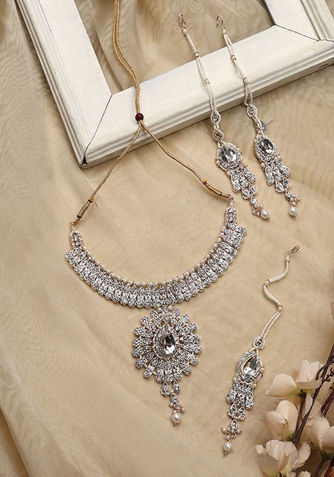 White Gold Plated Artificial Stone And Bead Necklace Set With Maang Tikka