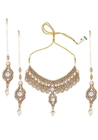 Off White Gold Plated Artificial Stone And Bead Necklace Set With Maang Tikka