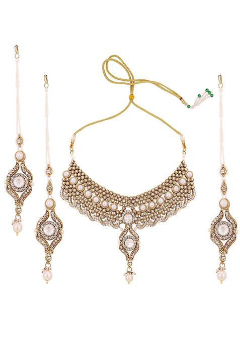 Off White Gold Plated Artificial Stone And Bead Necklace Set With Maang Tikka