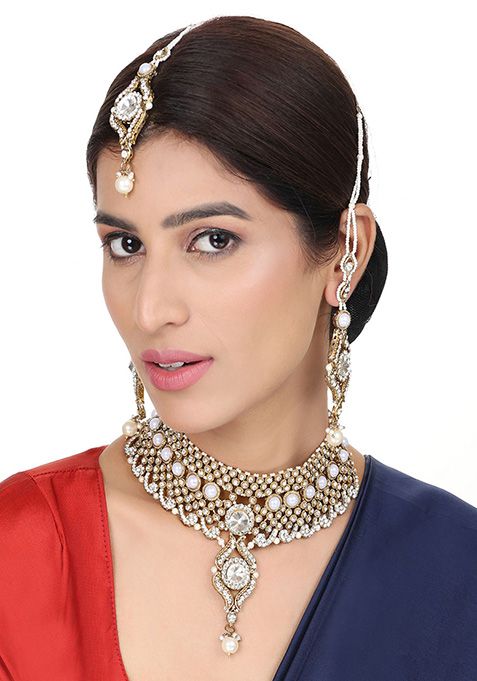 Off White Gold Plated Artificial Stone And Bead Necklace Set With Maang Tikka