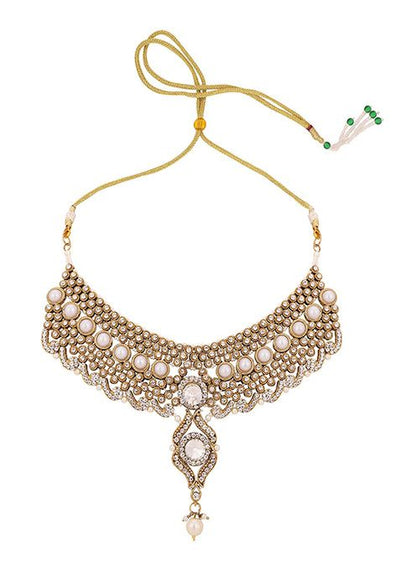 Off White Gold Plated Artificial Stone And Bead Necklace Set With Maang Tikka