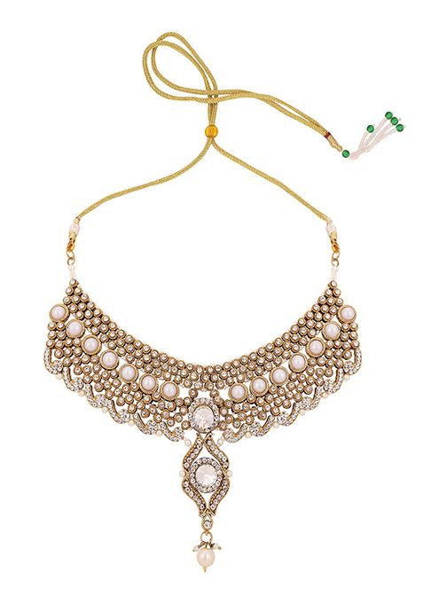 Off White Gold Plated Artificial Stone And Bead Necklace Set With Maang Tikka