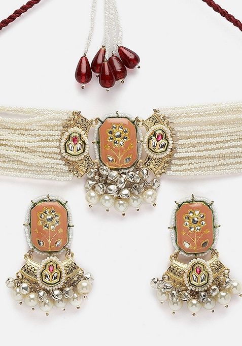 Orange And Silver Gold Plated Kundan Pearl Choker Necklace With Earrings Set