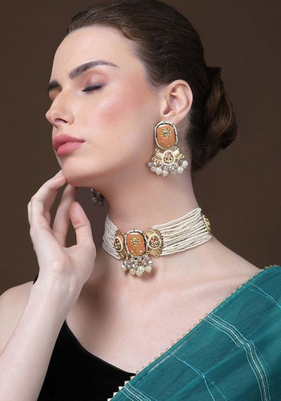 Orange And Silver Gold Plated Kundan Pearl Choker Necklace With Earrings Set