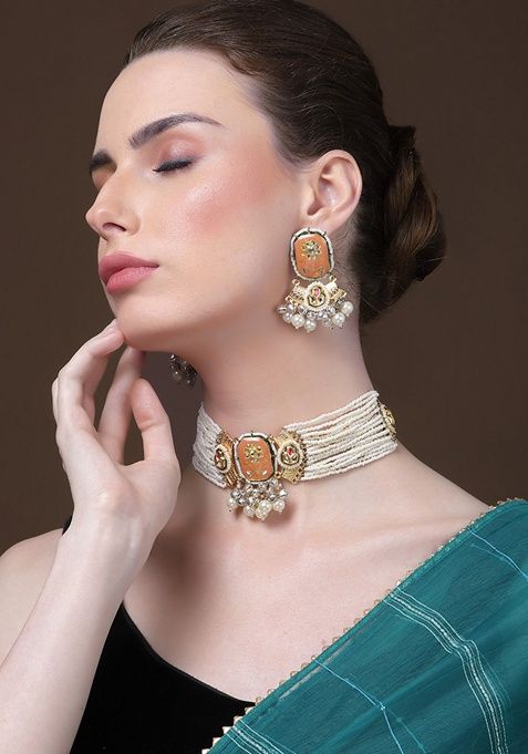 Orange And Silver Gold Plated Kundan Pearl Choker Necklace With Earrings Set