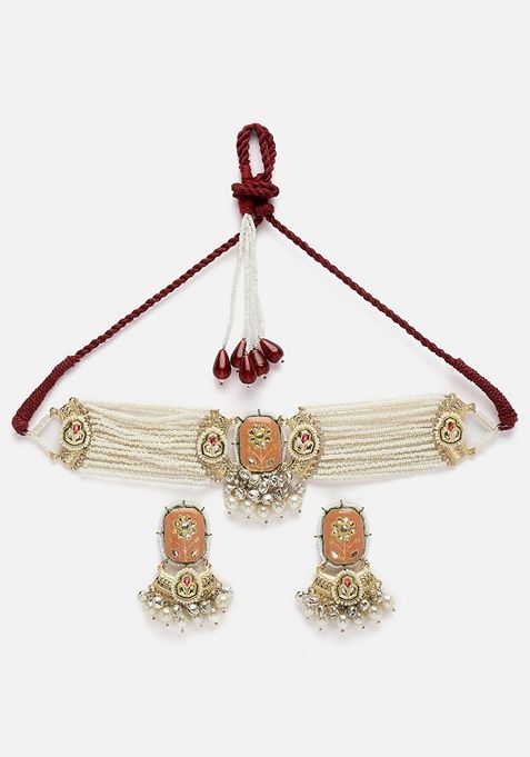 Orange And Silver Gold Plated Kundan Pearl Choker Necklace With Earrings Set