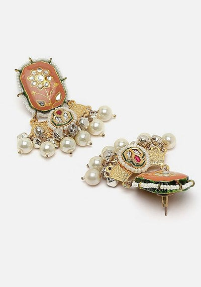 Orange And Silver Gold Plated Kundan Pearl Choker Necklace With Earrings Set