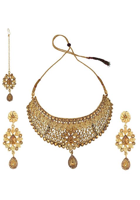 Gold Plated Cubic Zirconia Necklace Set With Maang Tikka