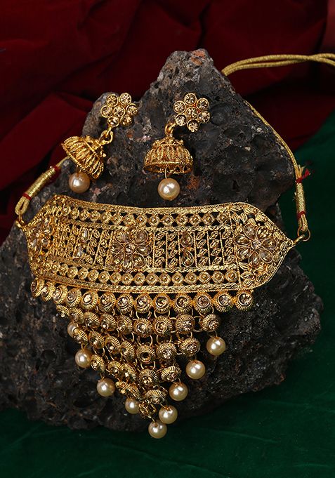 Gold Plated Artificial Stone And Bead Necklace Set