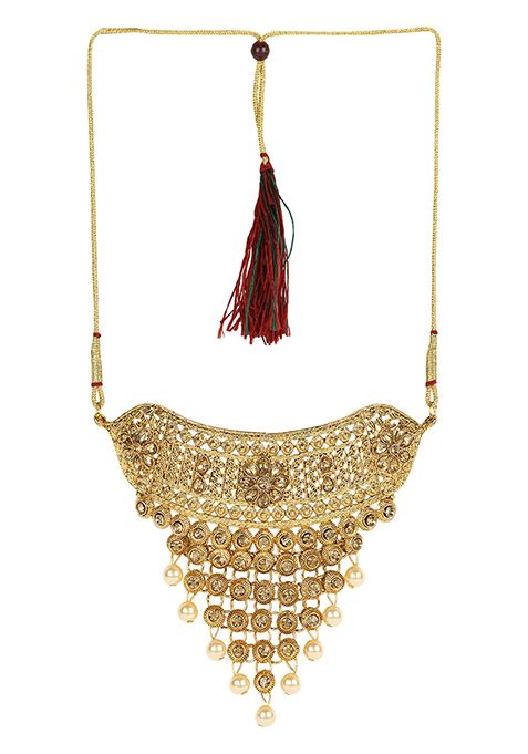 Gold Plated Artificial Stone And Bead Necklace Set
