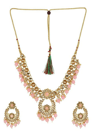 Pink Gold Plated Kundan Necklace Set With Maang Tikka