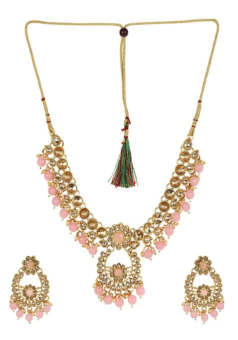 Pink Gold Plated Kundan Necklace Set With Maang Tikka