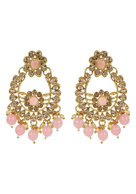Pink Gold Plated Kundan Necklace Set With Maang Tikka