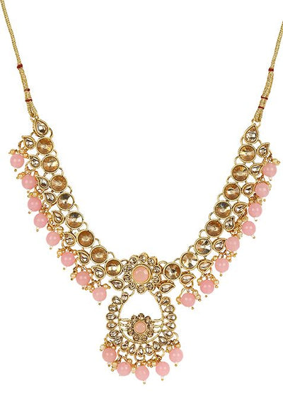 Pink Gold Plated Kundan Necklace Set With Maang Tikka