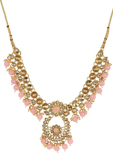 Pink Gold Plated Kundan Necklace Set With Maang Tikka
