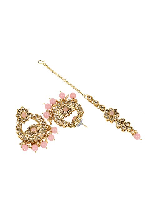 Pink Gold Plated Kundan Necklace Set With Maang Tikka