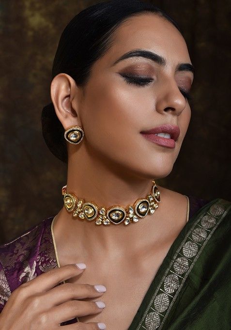 Green Gold Tone Kundan Choker Necklace Set