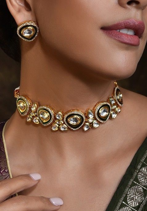 Green Gold Tone Kundan Choker Necklace Set