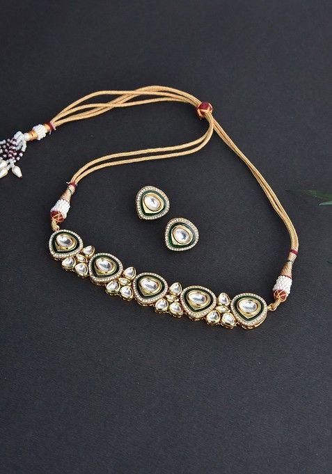 Green Gold Tone Kundan Choker Necklace Set