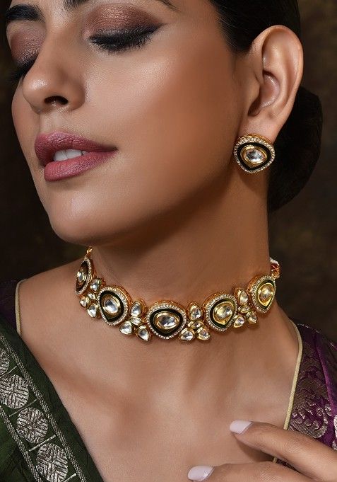 Green Gold Tone Kundan Choker Necklace Set