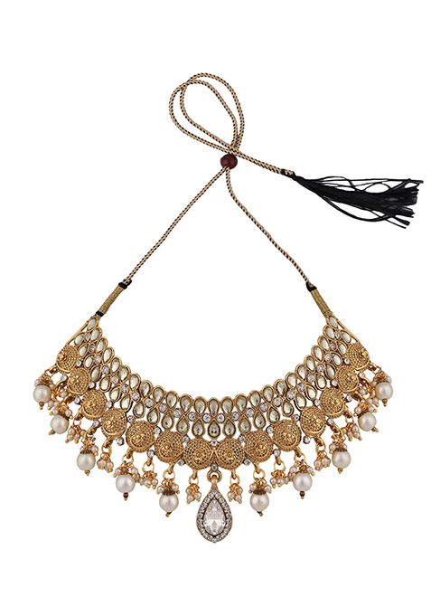 Gold Plated Artificial Stone And Bead Necklace Set With Maang Tikka