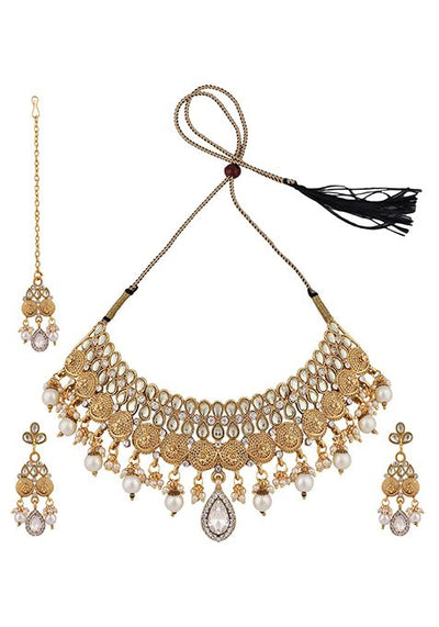 Gold Plated Artificial Stone And Bead Necklace Set With Maang Tikka