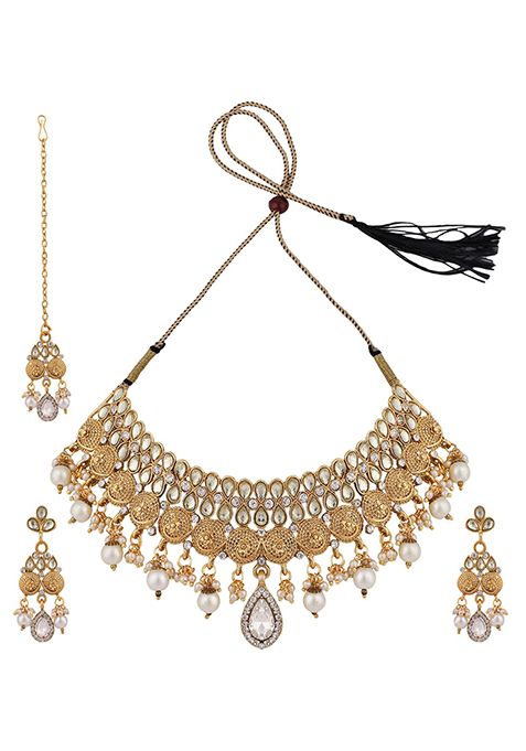 Gold Plated Artificial Stone And Bead Necklace Set With Maang Tikka