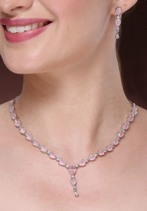 Pink Silver Plated Cz Studded Handcrafted Jewellery Set