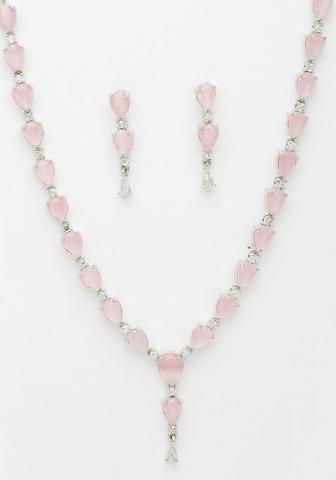 Pink Silver Plated Cz Studded Handcrafted Jewellery Set