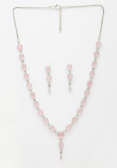 Pink Silver Plated Cz Studded Handcrafted Jewellery Set