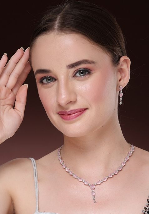 Pink Silver Plated Cz Studded Handcrafted Jewellery Set