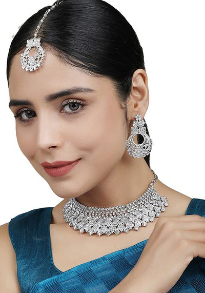 White Silver Plated American Diamond Necklace Set With Maang Tikka