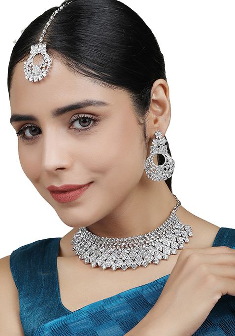 White Silver Plated American Diamond Necklace Set With Maang Tikka