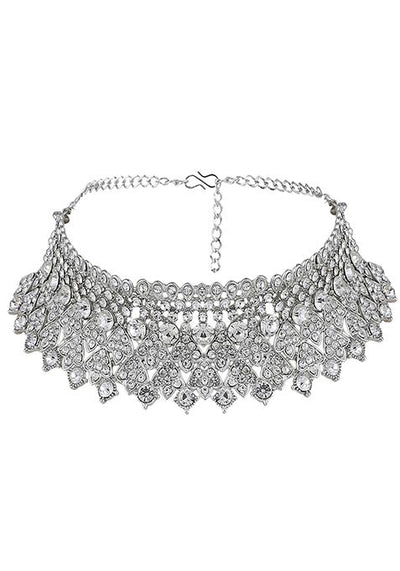 White Silver Plated American Diamond Necklace Set With Maang Tikka