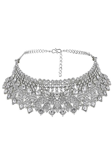 White Silver Plated American Diamond Necklace Set With Maang Tikka