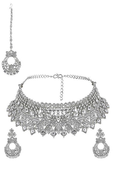 White Silver Plated American Diamond Necklace Set With Maang Tikka