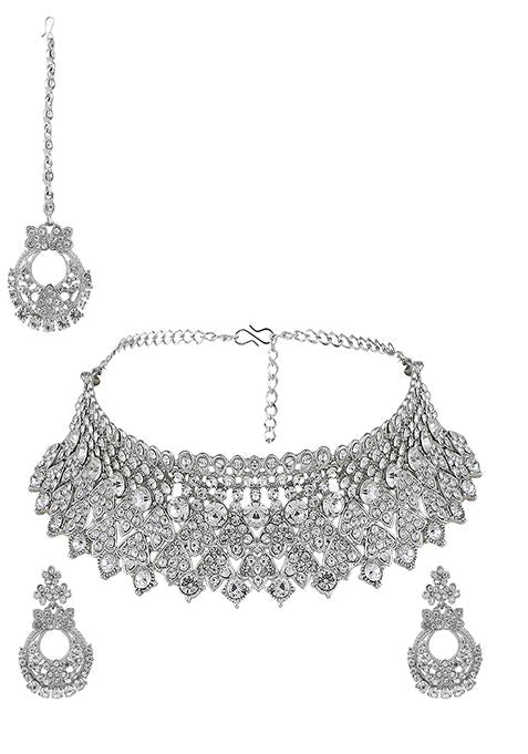 White Silver Plated American Diamond Necklace Set With Maang Tikka
