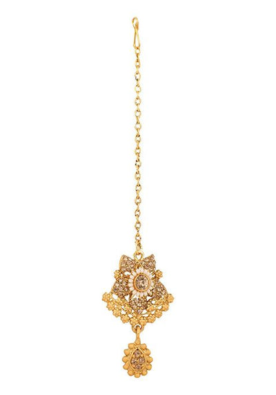Gold Plated Artificial Stone And Bead Necklace Set With Maang Tikka