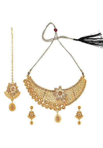 Gold Plated Artificial Stone And Bead Necklace Set With Maang Tikka
