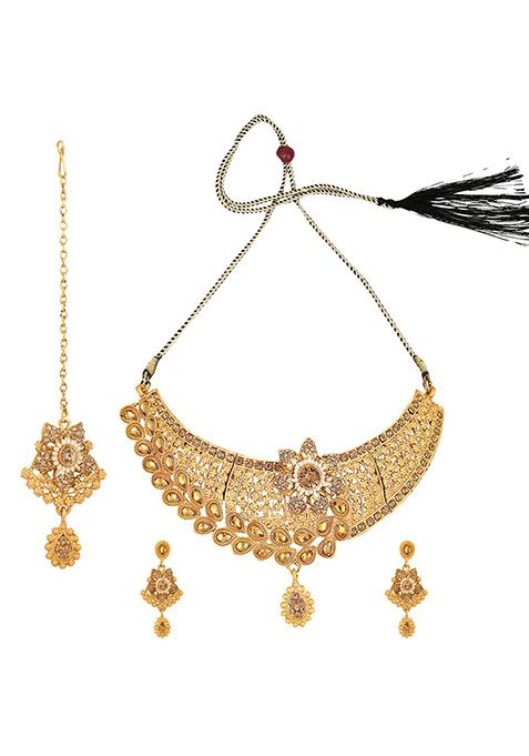 Gold Plated Artificial Stone And Bead Necklace Set With Maang Tikka